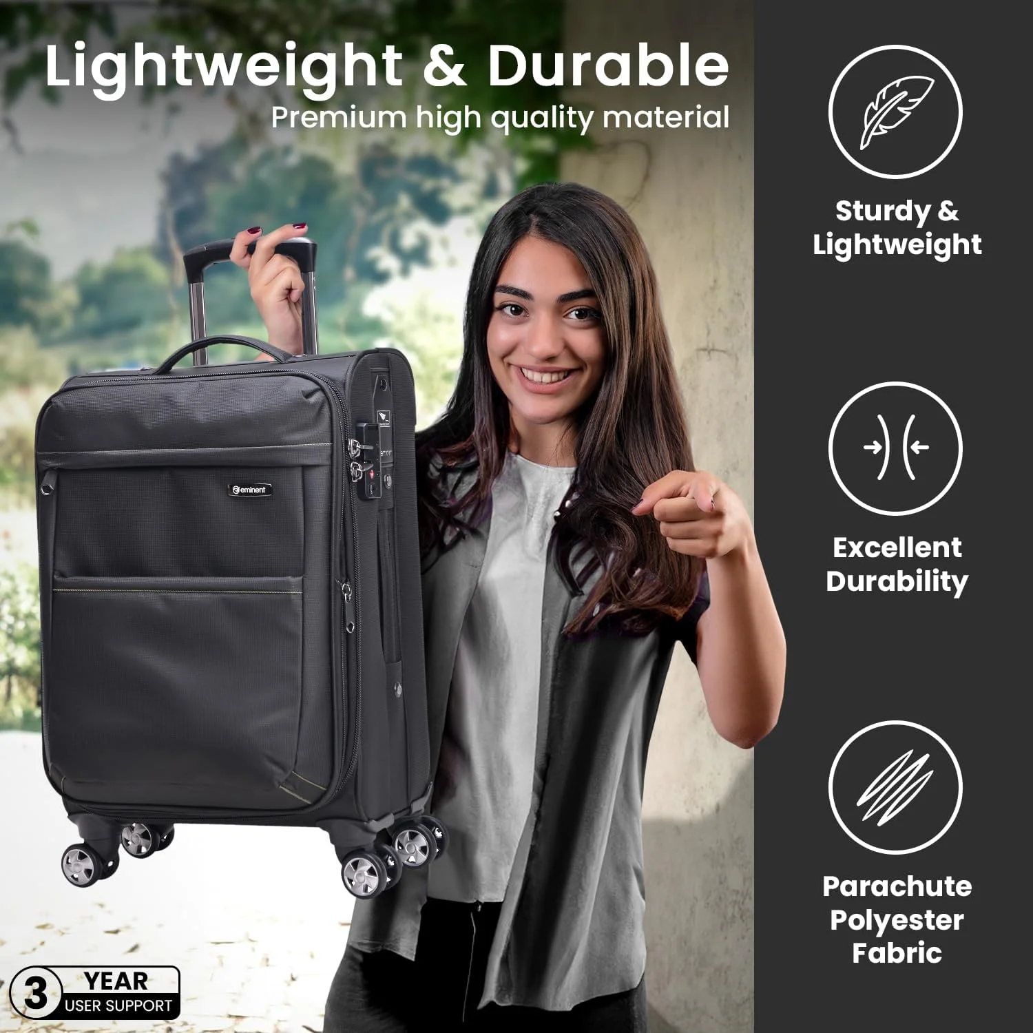 چمدان چرخدار بزرگ شونده امیننت، چمدان نرم پلی استر سبک وزن مناسب سفر برای همه با قفل TSA و چرخ های دوبل اسپینر مدل V6093SZ (سایز کابین 20 اینچ، مشکی)