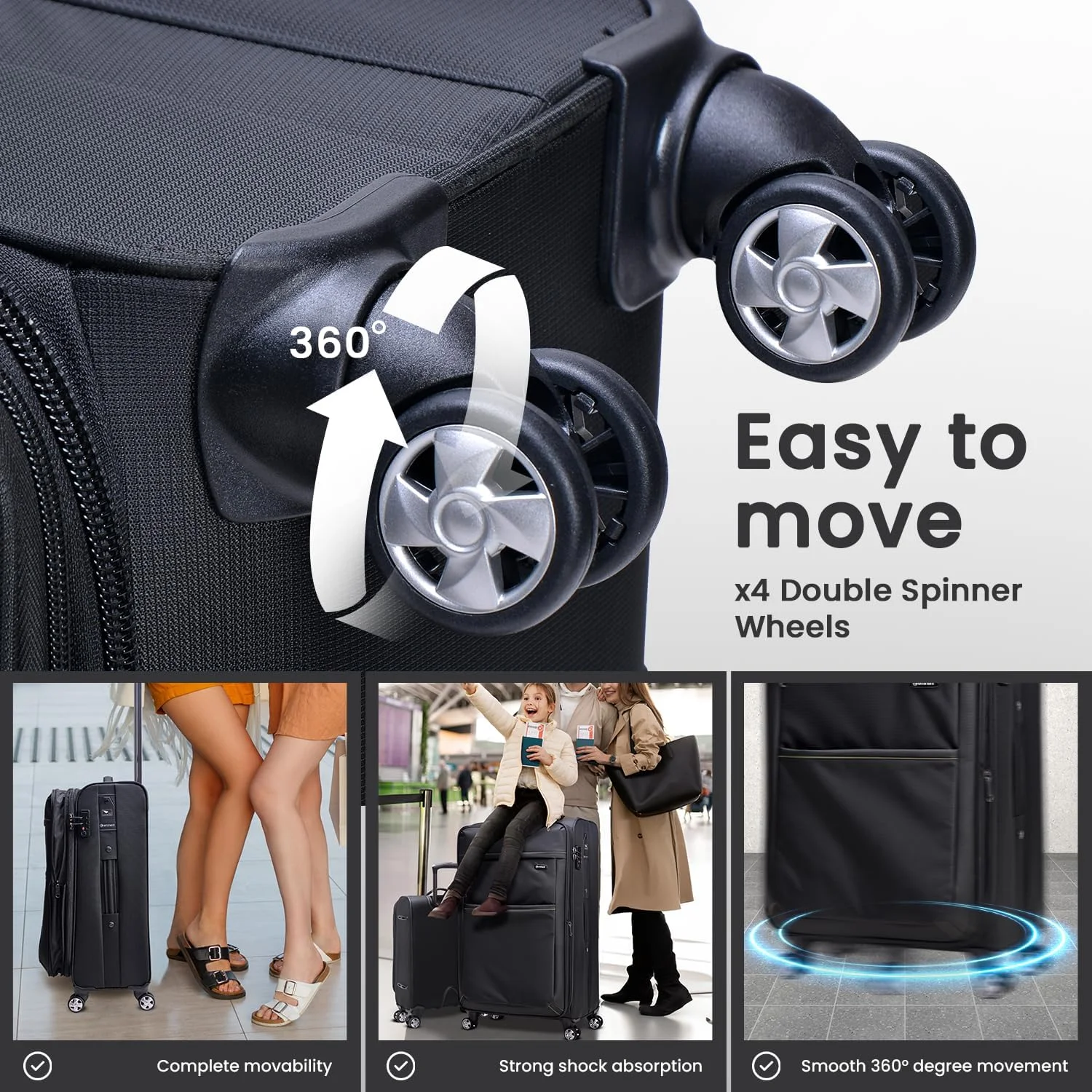 چمدان چرخدار بزرگ شونده امیننت، چمدان نرم پلی استر سبک وزن مناسب سفر برای همه با قفل TSA و چرخ های دوبل اسپینر مدل V6093SZ (سایز کابین 20 اینچ، مشکی)