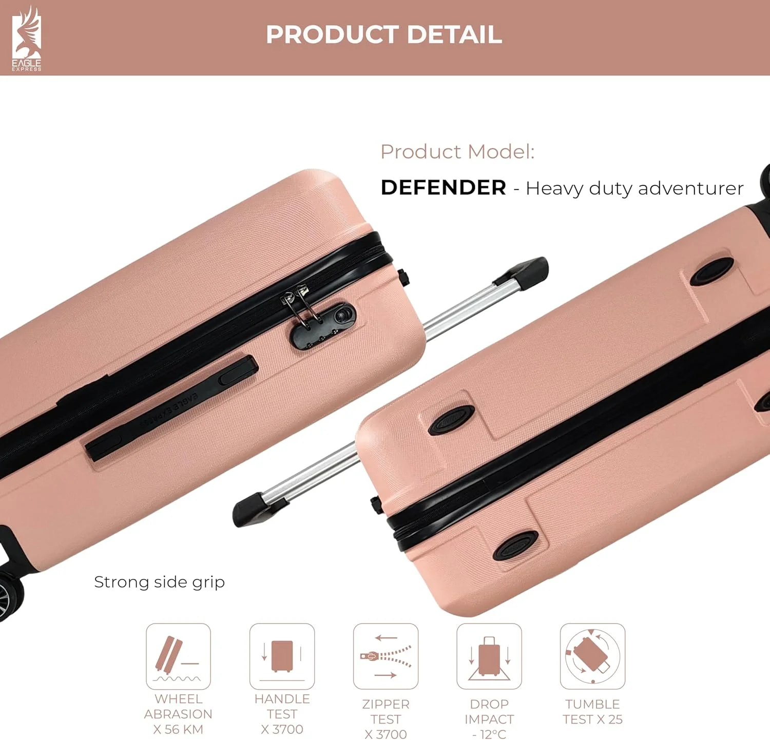 ترولی سخت ABS مدل DEFENDER، سایز 20 اینچ، صورتی پاستیلی