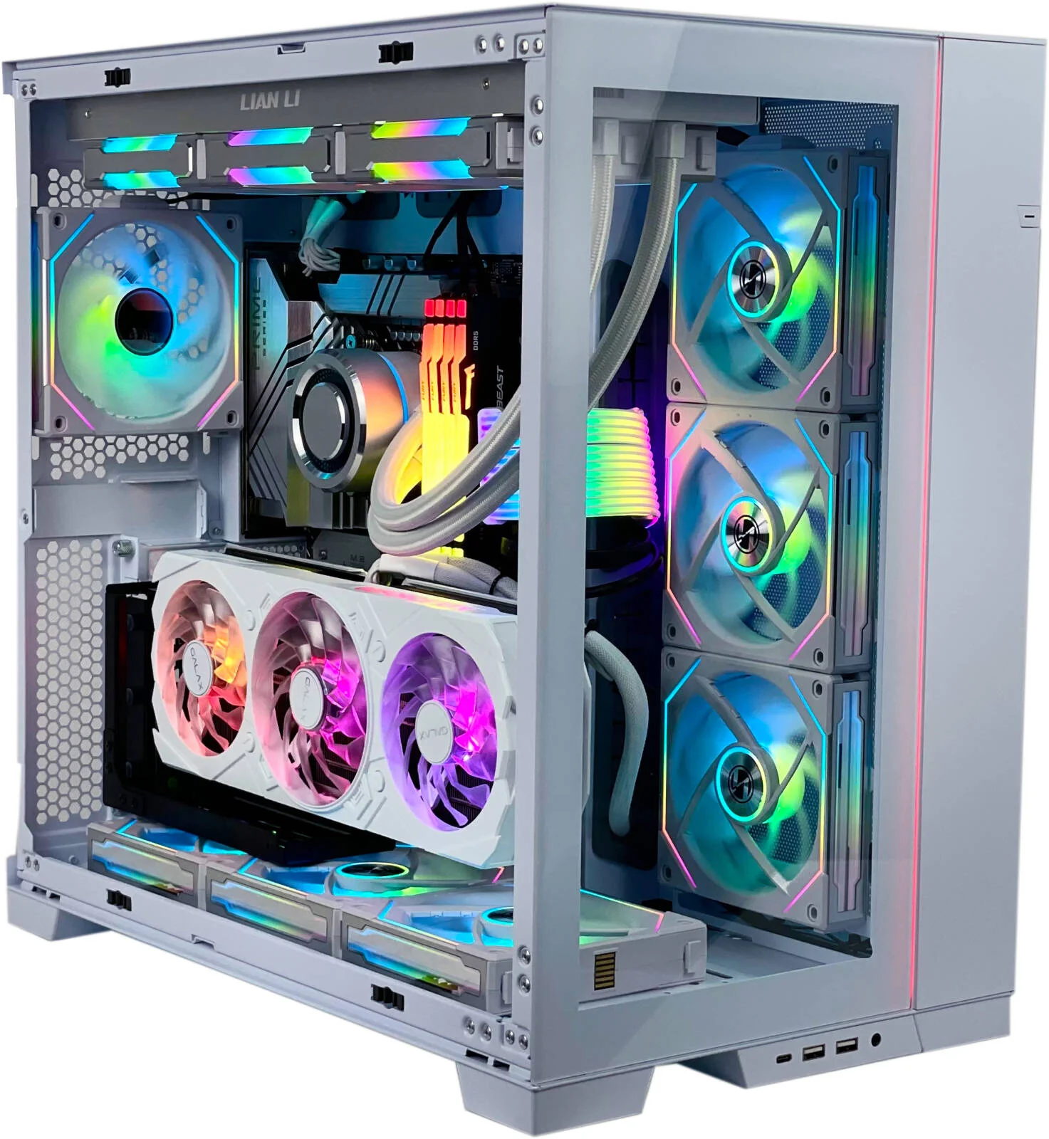 کامپیوتر گیمینگ رده بالا سفید زمستانی - Intel Core i7-14700KF با 20 هسته و 28 رشته، NVIDIA RTX 5070 Ti 16GB، رم 64GB DDR5 با فرکانس 5600MHz، SSD 2TB Gen 4، منبع تغذیه 850W پلاتینیوم، خنک کننده مایع 360mm، Wi-Fi + BT