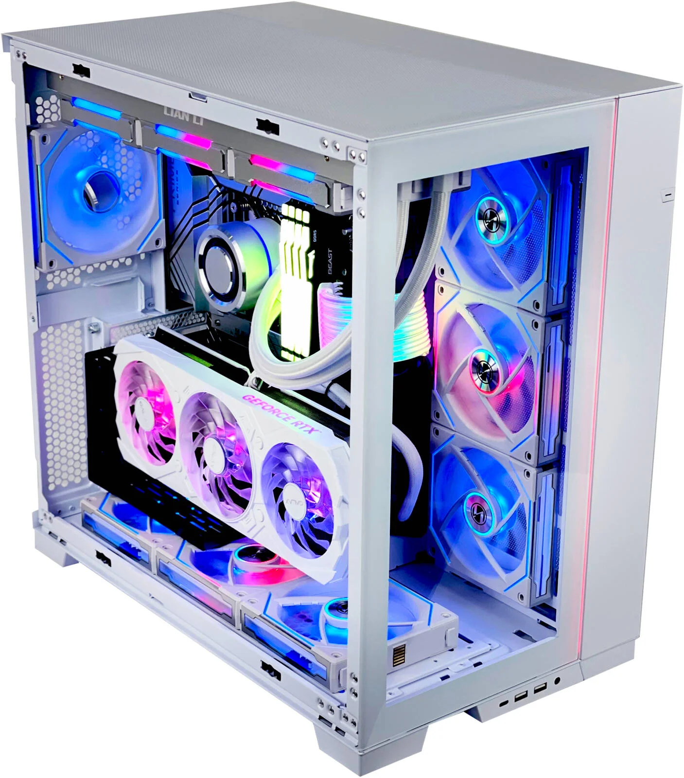 کامپیوتر گیمینگ رده بالا سفید زمستانی - Intel Core i7-14700KF با 20 هسته و 28 رشته، NVIDIA RTX 5070 Ti 16GB، رم 64GB DDR5 با فرکانس 5600MHz، SSD 2TB Gen 4، منبع تغذیه 850W پلاتینیوم، خنک کننده مایع 360mm، Wi-Fi + BT