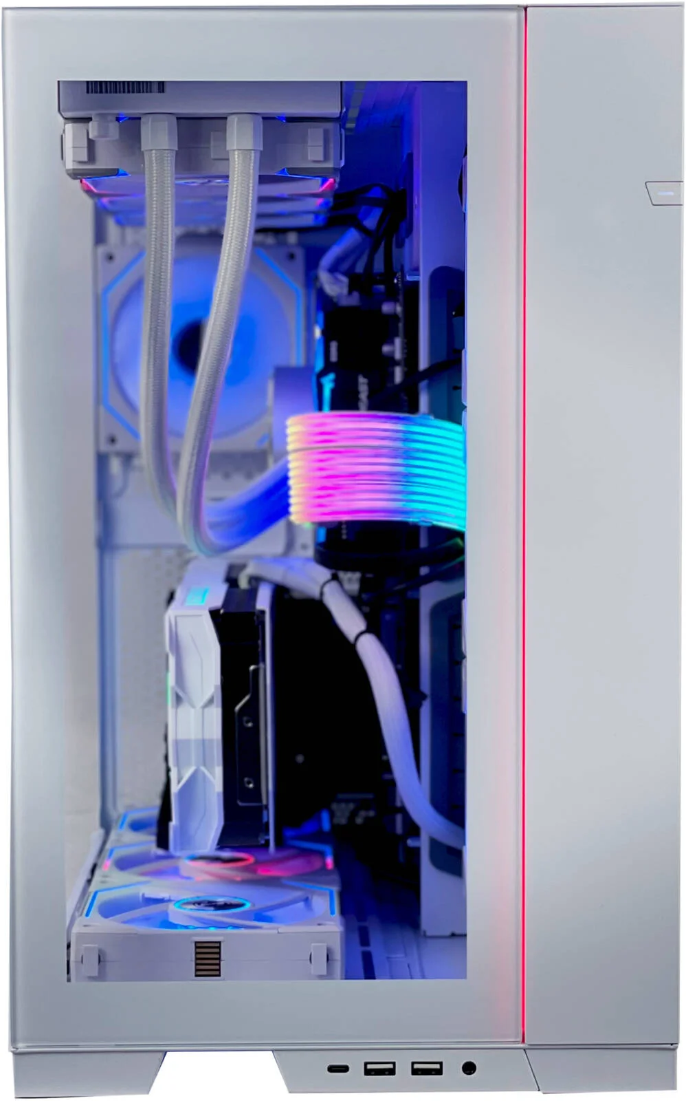 کامپیوتر گیمینگ رده بالا سفید زمستانی - Intel Core i7-14700KF با 20 هسته و 28 رشته، NVIDIA RTX 5070 Ti 16GB، رم 64GB DDR5 با فرکانس 5600MHz، SSD 2TB Gen 4، منبع تغذیه 850W پلاتینیوم، خنک کننده مایع 360mm، Wi-Fi + BT