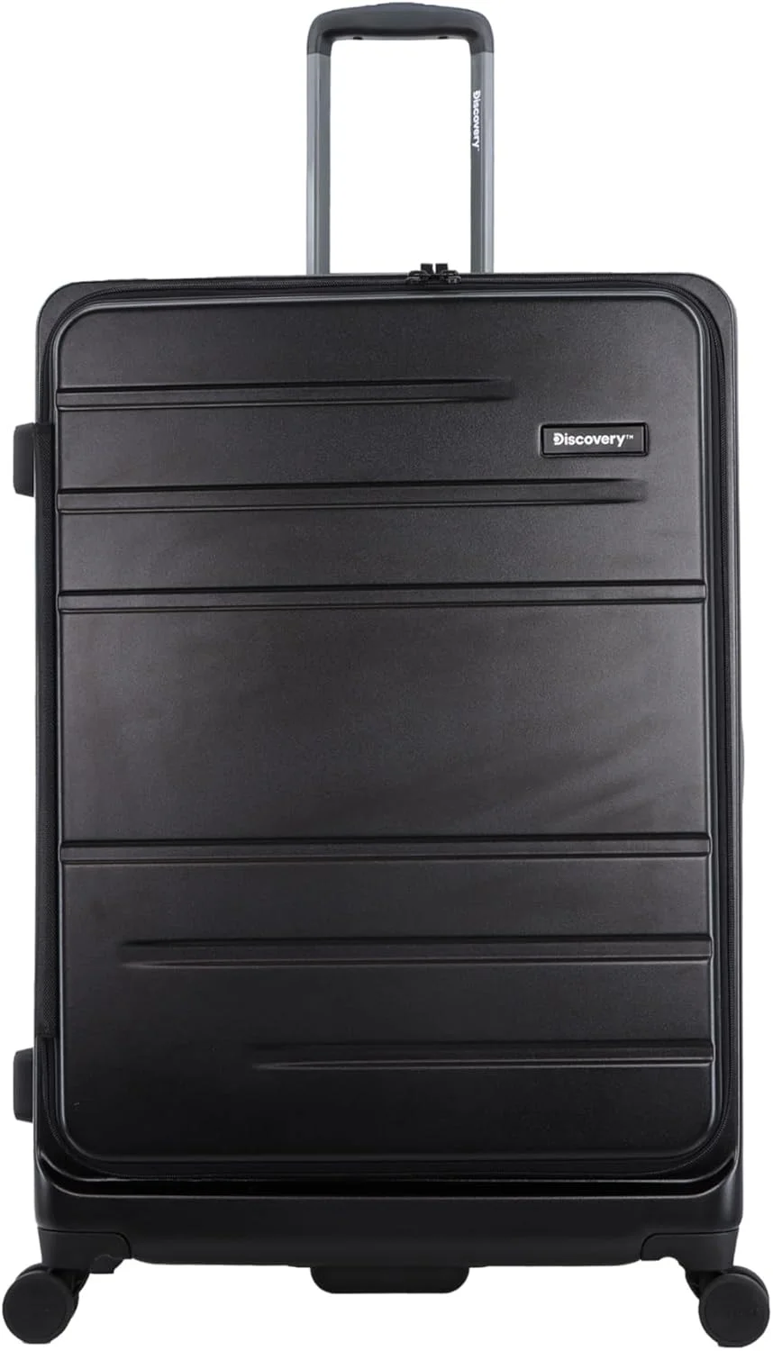 چمدان بزرگ مسافرتی دیسکاوری پاترول با بدنه سخت، 100% پلی کربنات بادوام، فوق العاده سبک، چمدان قابل گسترش، 4 چرخ دوبل، کیف چرخدار قفل ترکیبی مشکی (71 سانتی متر / 28 اینچ) مشکی.