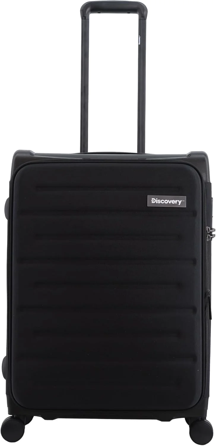 چمدان سایز متوسط دیسکاوری موشن از جنس پلی استر و PP، مشکی، بادوام، سبک وزن، نشکن، دارای 4 چرخ دوبل و قفل ترکیبی (سایز 24 اینچ).