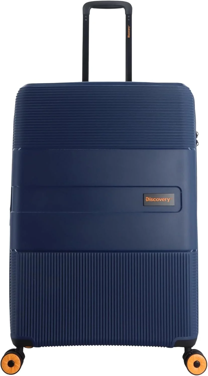 چمدان بزرگ سخت بدنه دیسکاوری تریلز مدل Check-In، آبی تیره، کیف مسافرتی سبک وزن و بادوام با قابلیت افزایش فضا، زیپ دوبل نشکن، قفل بسیار ایمن 4 چرخ دوبل، چمدان ترولی 30 اینچی.