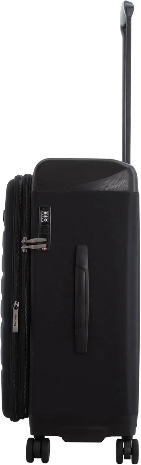 چمدان سایز متوسط دیسکاوری موشن از جنس پلی استر و PP، مشکی، بادوام، سبک وزن، نشکن، دارای 4 چرخ دوبل و قفل ترکیبی (سایز 24 اینچ).