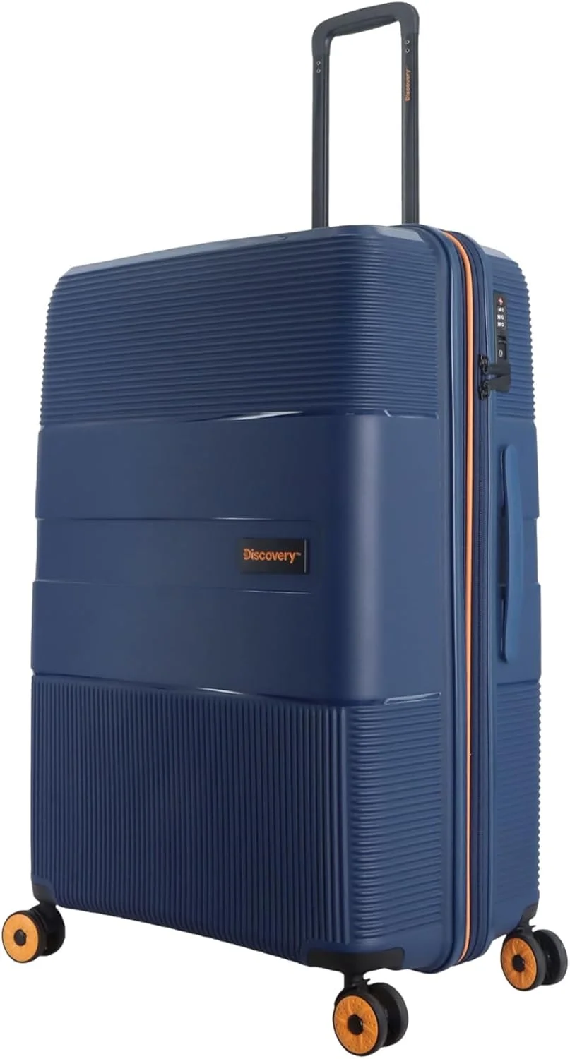 چمدان بزرگ سخت بدنه دیسکاوری تریلز مدل Check-In، آبی تیره، کیف مسافرتی سبک وزن و بادوام با قابلیت افزایش فضا، زیپ دوبل نشکن، قفل بسیار ایمن 4 چرخ دوبل، چمدان ترولی 30 اینچی.