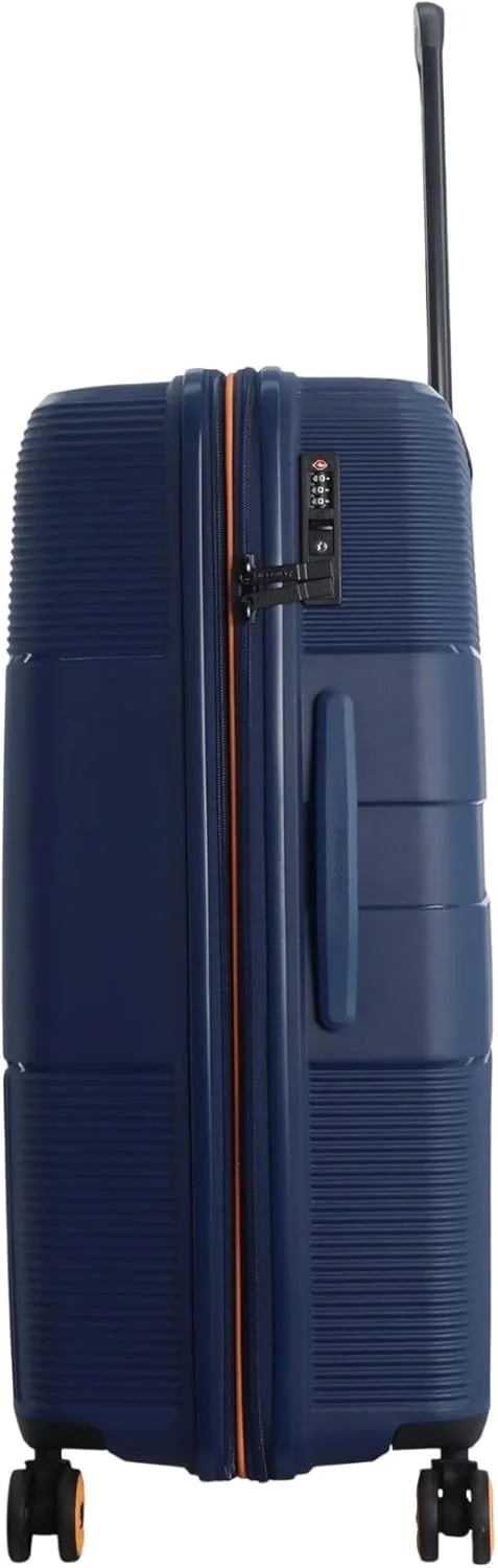 چمدان بزرگ سخت بدنه دیسکاوری تریلز مدل Check-In، آبی تیره، کیف مسافرتی سبک وزن و بادوام با قابلیت افزایش فضا، زیپ دوبل نشکن، قفل بسیار ایمن 4 چرخ دوبل، چمدان ترولی 30 اینچی.