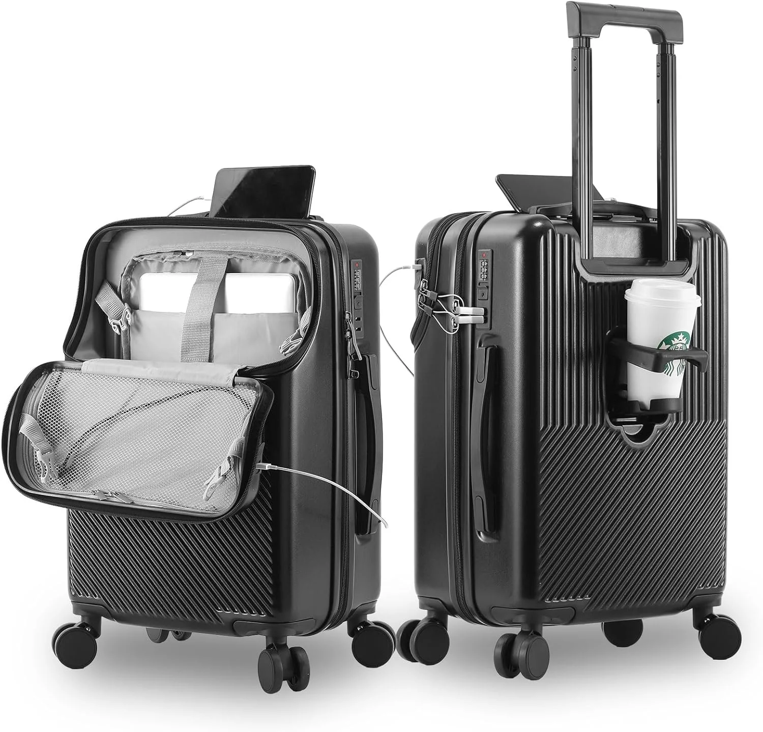 چمدان مسافرتی سایز کابین با قفل ترکیبی و 4 چرخ گردان، چمدان سایز کابین با محفظه جلویی بازشو لپ تاپ و جیب، رابط USB قابل شارژ خارجی، میله کششی آلیاژی، مشکی