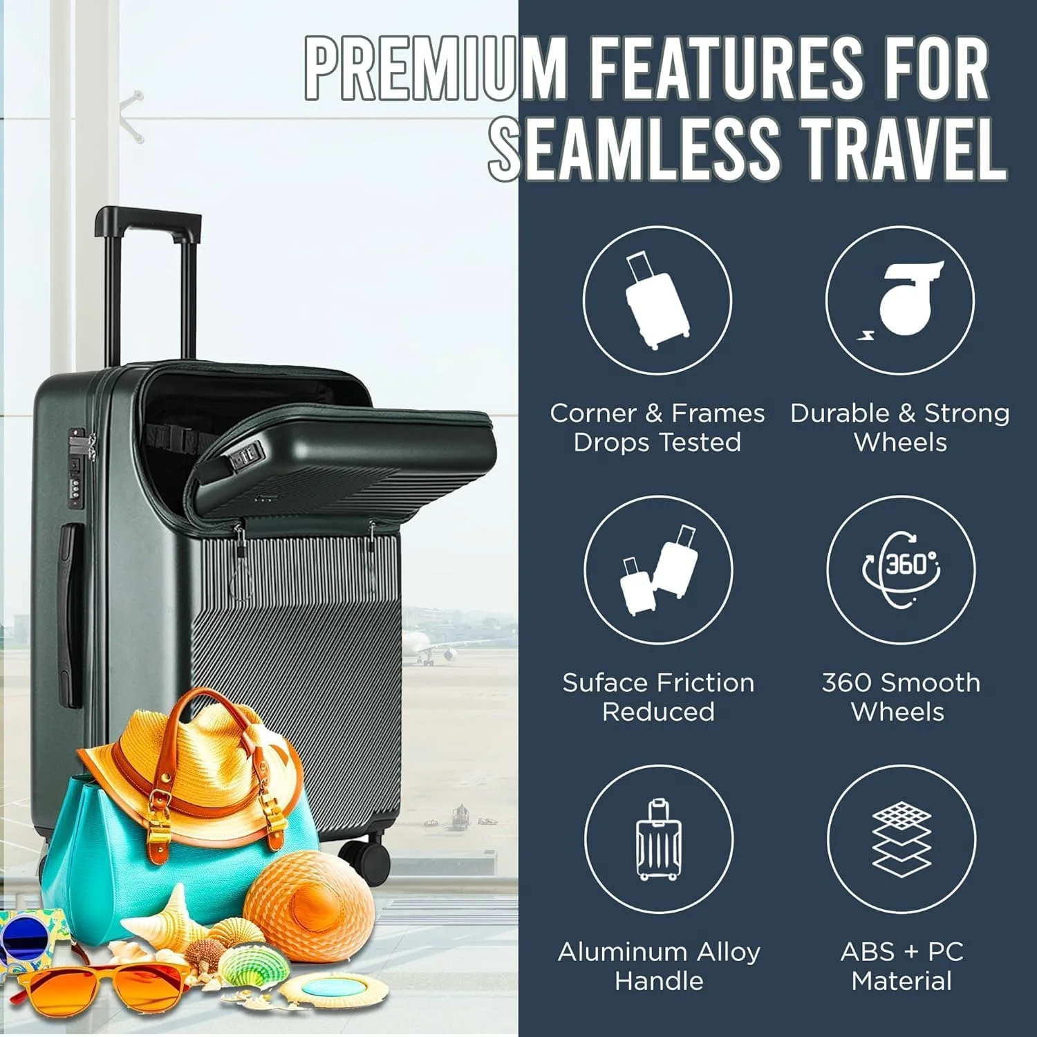 چمدان کابین سایز - چمدان بادوام با پوسته سخت و چرخ‌های اسپینر °360، کیف ترولی سبک وزن قابل گسترش با طراحی شیک برای سفر کاری یا تفریحی