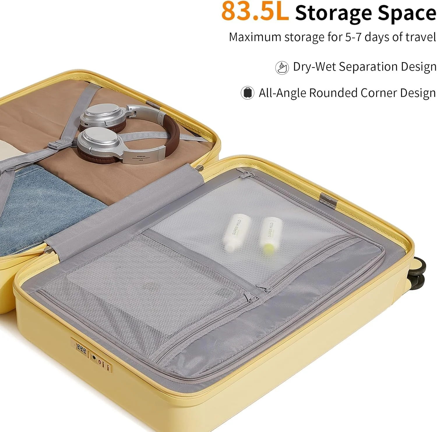 چمدان های چرخ دار: چمدان بزرگ سایز 26 اینچ با 8 چرخ گردان، چمدان بزرگ، چمدان مسافرتی هارد شل 100% PC برای مسافرت های کاری (زرد پنیری)