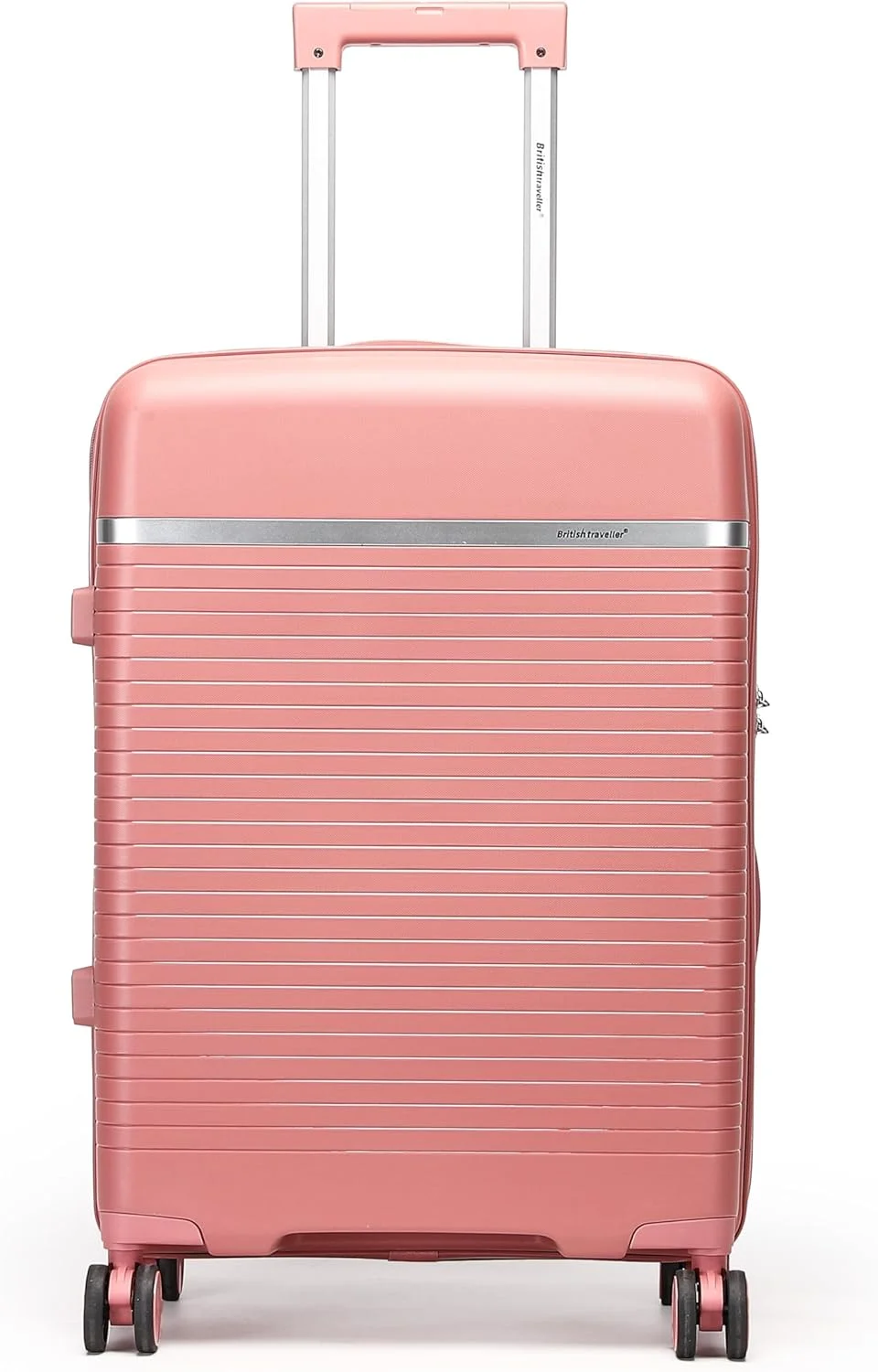 چمدان پلی پروپیلن تک نفره British Traveller - سایز متوسط 24 اینچ | چمدان با نگهدارنده تلفن، چرخ های گردان 360 درجه، قفل TSA و دسته تلسکوپی | بدنه سخت مقاوم در برابر آب و خراش - صورتی
