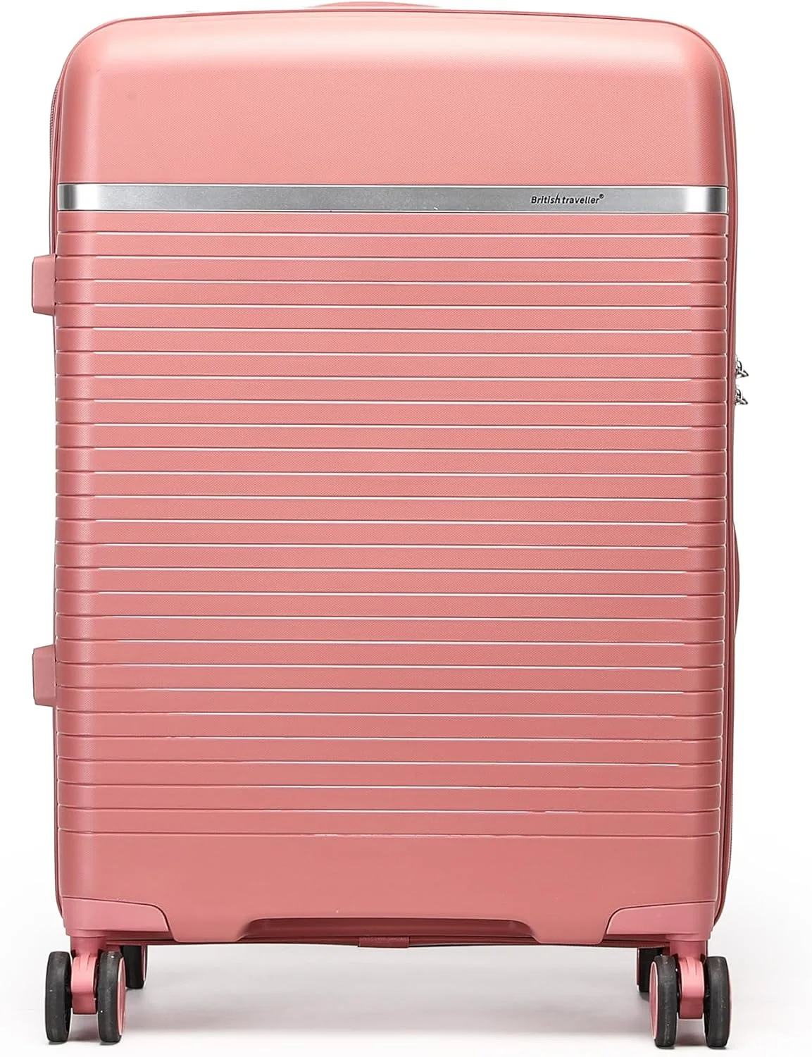 چمدان پلی پروپیلن تک نفره British Traveller - سایز متوسط 24 اینچ | چمدان با نگهدارنده تلفن، چرخ های گردان 360 درجه، قفل TSA و دسته تلسکوپی | بدنه سخت مقاوم در برابر آب و خراش - صورتی