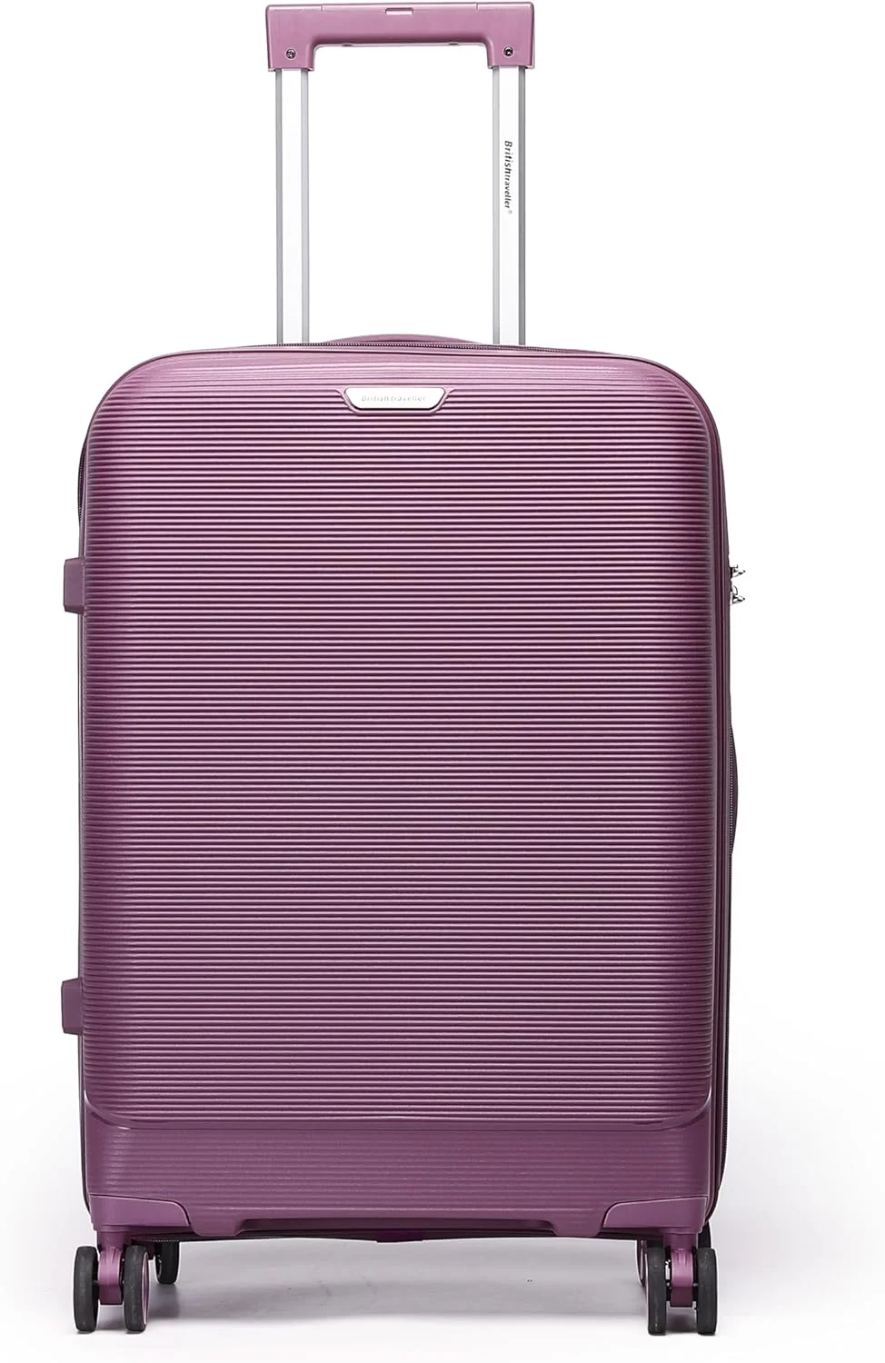 چمدان پلی پروپیلن تک نفره British Traveller - کوچک 20 اینچی | چمدان با نگهدارنده تلفن، چرخ های چرخان 360 درجه، قفل TSA و دسته تلسکوپی | پوسته سخت مقاوم در برابر آب و خراش - بنفش