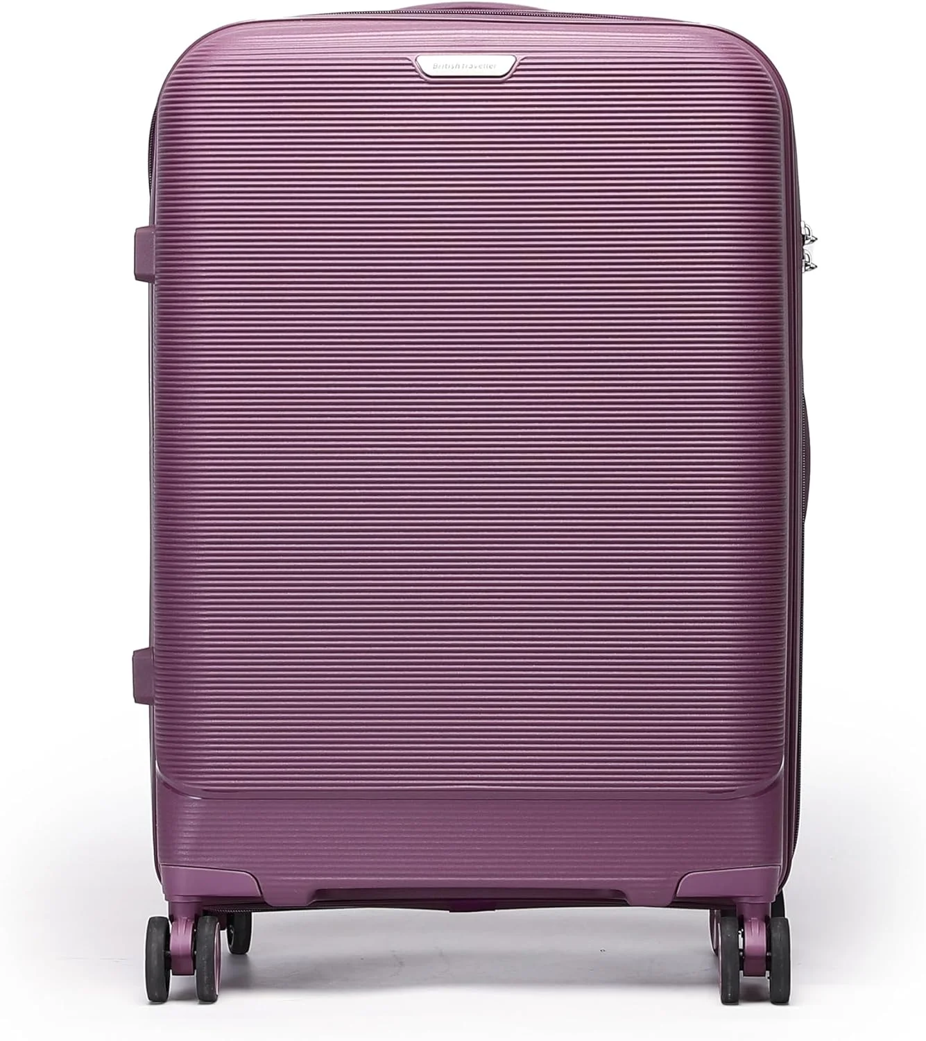 چمدان پلی پروپیلن تک نفره British Traveller - کوچک 20 اینچی | چمدان با نگهدارنده تلفن، چرخ های چرخان 360 درجه، قفل TSA و دسته تلسکوپی | پوسته سخت مقاوم در برابر آب و خراش - بنفش