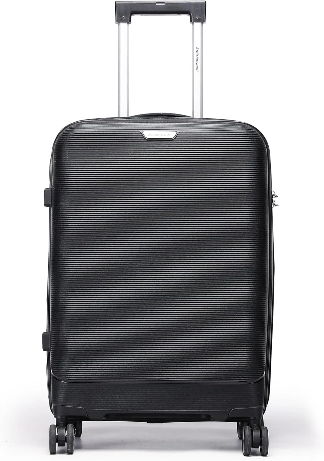 چمدان پلی پروپیلن تک نفره British Traveller - کوچک 20 اینچ | چمدان با نگهدارنده تلفن، چرخ های اسپینر 360 درجه، قفل TSA و دسته تلسکوپی | پوسته سخت مقاوم در برابر آب و خراش (مشکی)