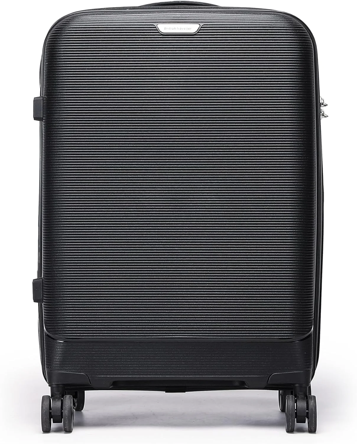 چمدان پلی پروپیلن تک نفره British Traveller - کوچک 20 اینچ | چمدان با نگهدارنده تلفن، چرخ های اسپینر 360 درجه، قفل TSA و دسته تلسکوپی | پوسته سخت مقاوم در برابر آب و خراش (مشکی)