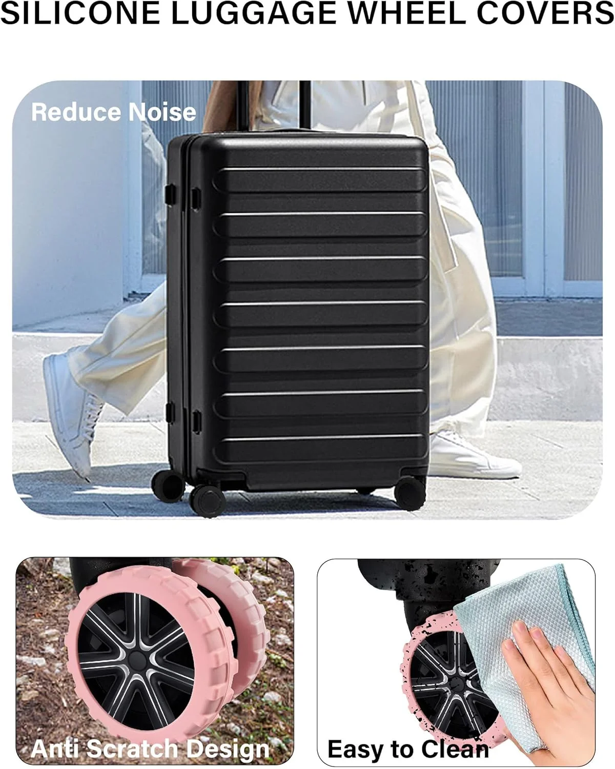 کاور چرخ چمدان Azonee، بسته 8 عددی، مناسب چرخ های اسپینر 2.1 تا 2.6 اینچی، حرکت روان، بی صدا و تمیز (صورتی)