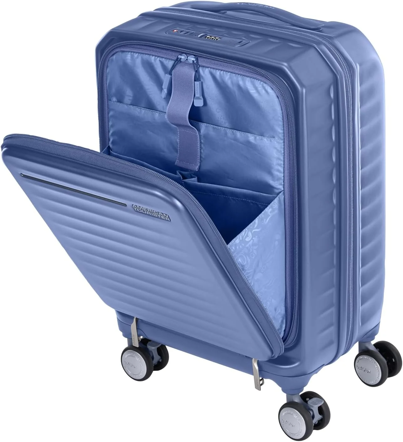 چمدان اسپینر 54 امریکن توریستر Frontec، کیف حمل، کوچک، کابین سایز، مدل جدید Element Blue، سایز قابل حمل در هواپیما