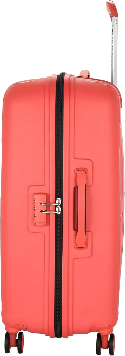 چمدان الیپسو امریکن توریستر، سایز مناسب تحویل بار 68 سانتی متر / 25 اینچ، 4 چرخ دوبل، بدنه سخت، پلی پروپیلن، سرخابی زردآلویی | بافت مقاوم در برابر خراش | کیف کفش | قفل TSA - 3 سال خدمات بین المللی