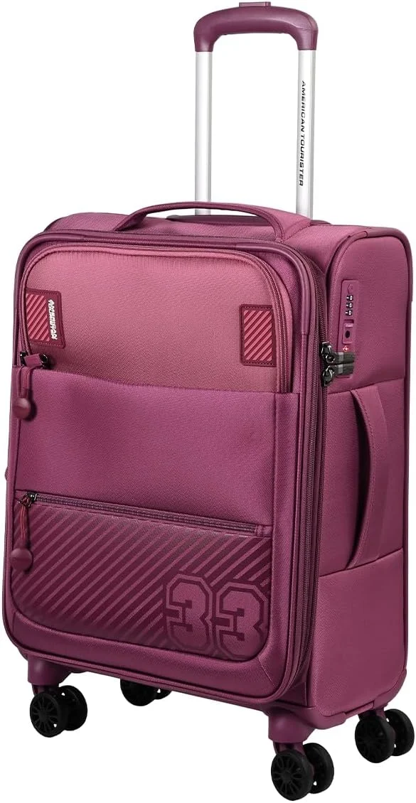 چمدان امریکن توریستر مدل Majoris +، سایز کابین 59 سانتی متر، 4 چرخ دوبل، رویه نرم، 100% پلی استر، Wineberry| محافظ گوشه | جیب جلویی چندگانه | قفل TSA | قابلیت افزایش حجم