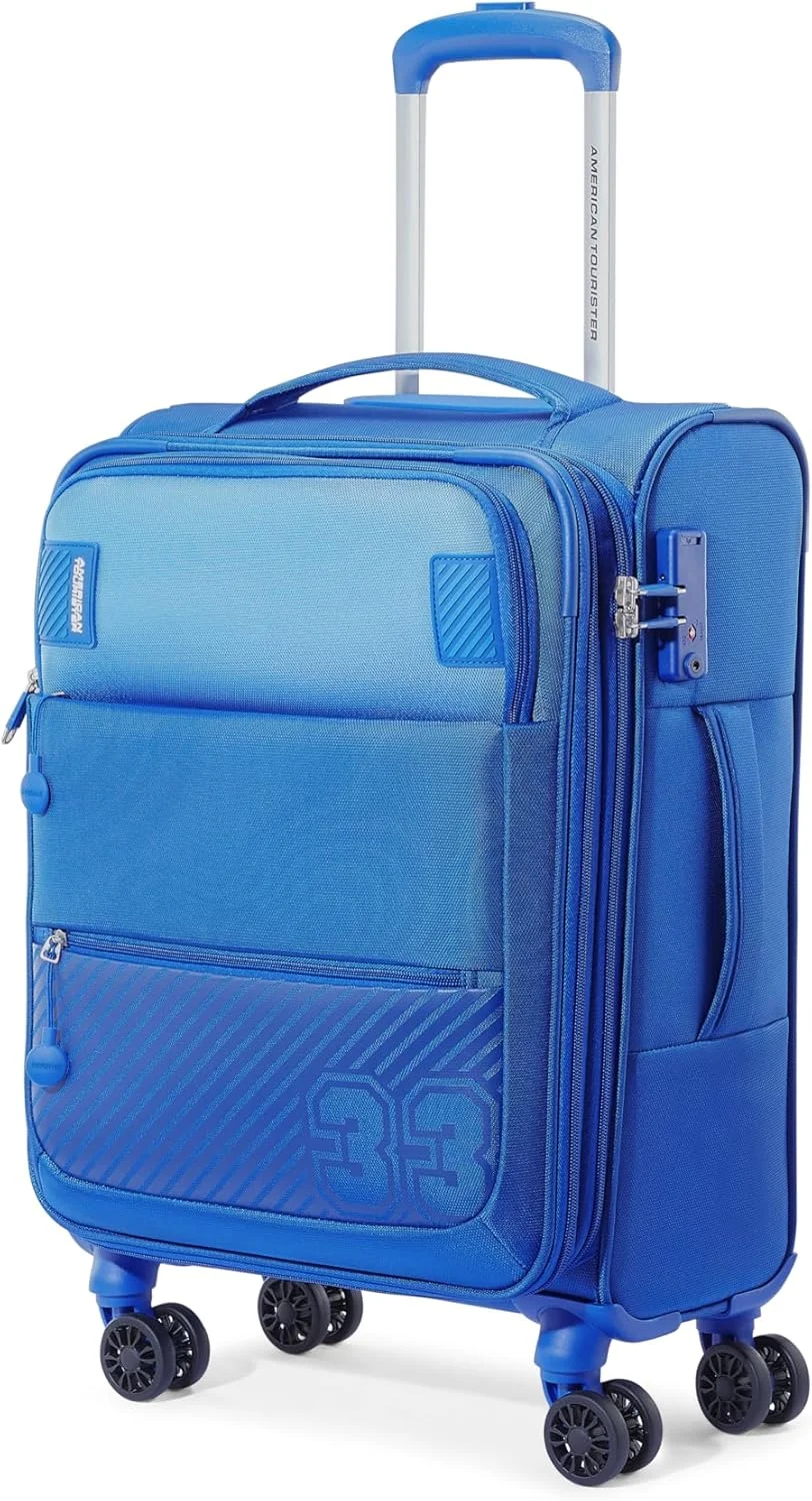 چمدان امریکن توریستر مدل Majoris +، 4 چرخ گردان، رویه نرم، 100% پلی استر، آبی | محافظ گوشه | جیب جلویی | قفل ترکیبی TSA | قابلیت افزایش حجم | دسته آلومینیومی جمع شونده