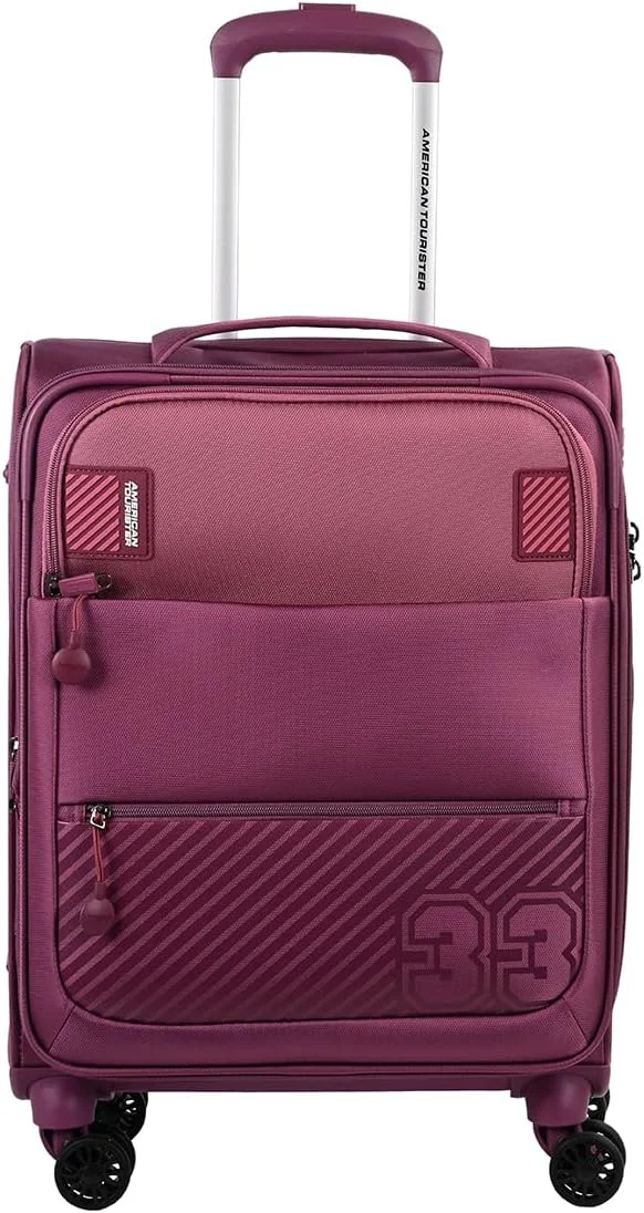 چمدان امریکن توریستر مدل Majoris +، سایز کابین 59 سانتی متر، 4 چرخ دوبل، رویه نرم، 100% پلی استر، Wineberry| محافظ گوشه | جیب جلویی چندگانه | قفل TSA | قابلیت افزایش حجم