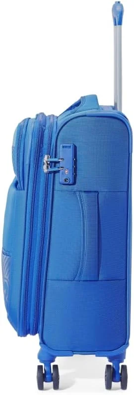 چمدان امریکن توریستر مدل Majoris +، 4 چرخ گردان، رویه نرم، 100% پلی استر، آبی | محافظ گوشه | جیب جلویی | قفل ترکیبی TSA | قابلیت افزایش حجم | دسته آلومینیومی جمع شونده