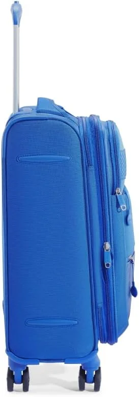چمدان امریکن توریستر مدل Majoris +، 4 چرخ گردان، رویه نرم، 100% پلی استر، آبی | محافظ گوشه | جیب جلویی | قفل ترکیبی TSA | قابلیت افزایش حجم | دسته آلومینیومی جمع شونده