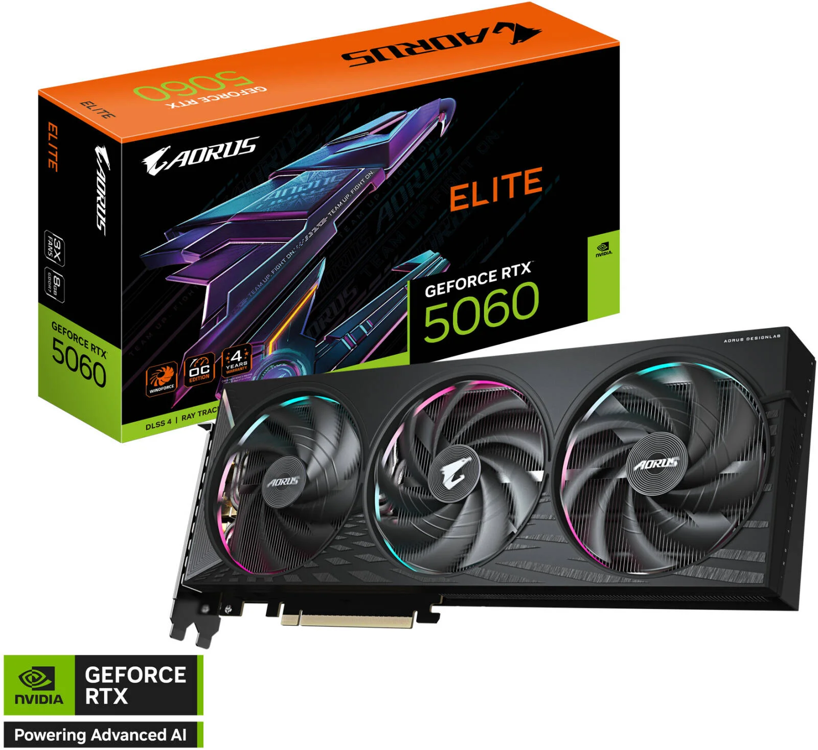 کارت گرافیک GIGABYTE AORUS GeForce RTX 5060 ELITE، حافظه 8 گیگابایتی DDR7 128 بیتی، هسته با سرعت 2722 مگاهرتز، 3840 هسته CUDA، سرعت حافظه 28 گیگابیت بر ثانیه، PCI Express 5.0 | GV-N5060AORUS E-8GD
