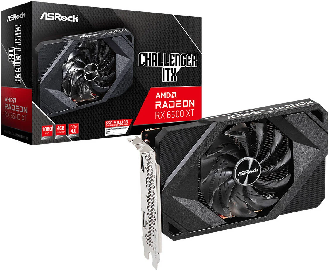 کارت گرافیک ASRock AMD Radeon RX 6500 XT Challenger ITX، حافظه 4GB GDDR6 64-bit، فرکانس بوست 2815 مگاهرتز، فرکانس حافظه 18 گیگابیت بر ثانیه، PCI Express 4.0 x 4،- 1 x HDMI 2.1 VRR / 1 x DP 1.4 | 90-GA3DZZ-00UANF