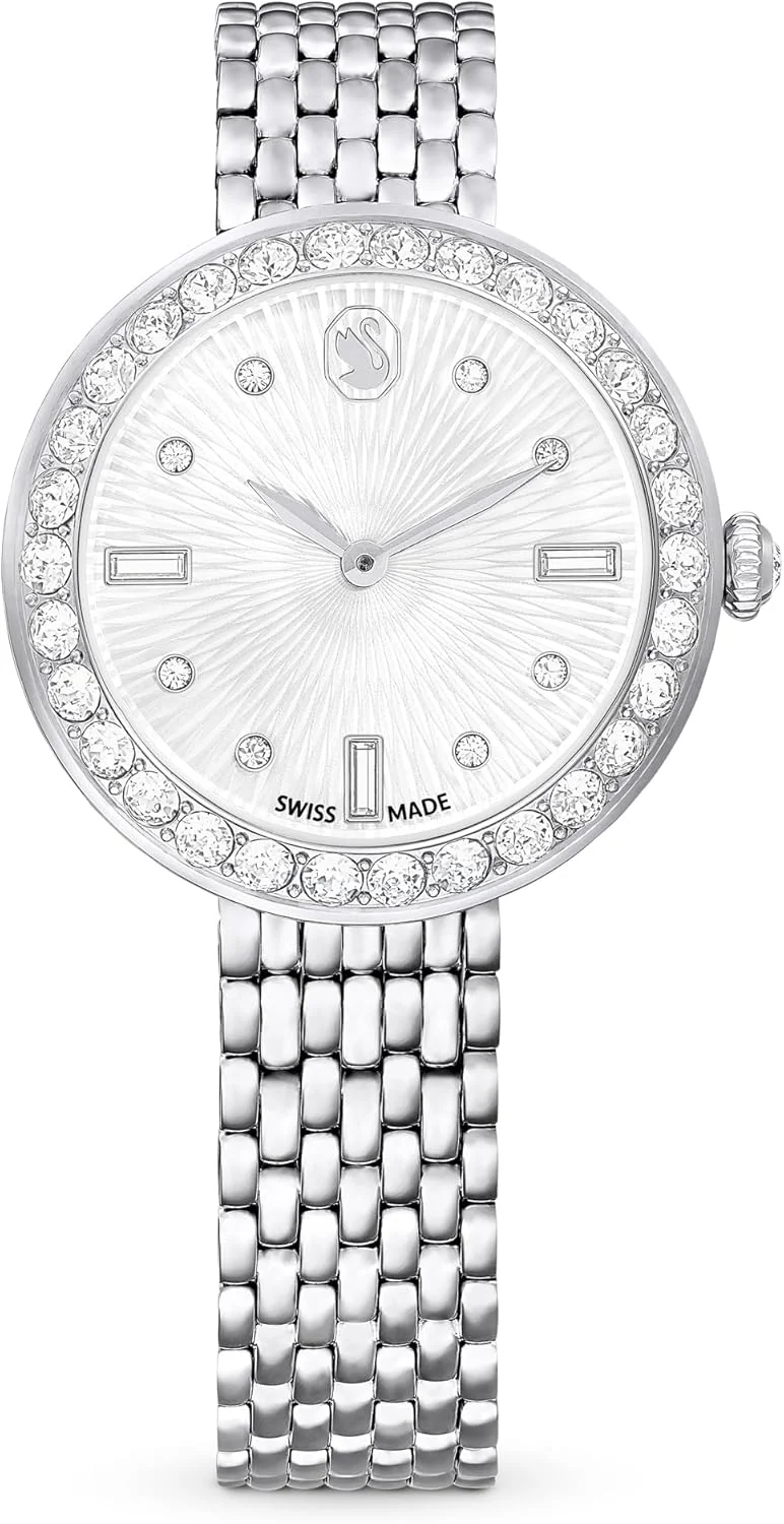 ساعت سرتا سواروسکی، ساخت سوئیس، بند فلزی، رنگ نقره ای، استیل ضد زنگ