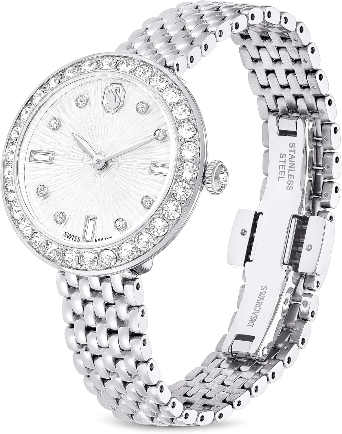 ساعت سرتا سواروسکی، ساخت سوئیس، بند فلزی، رنگ نقره ای، استیل ضد زنگ