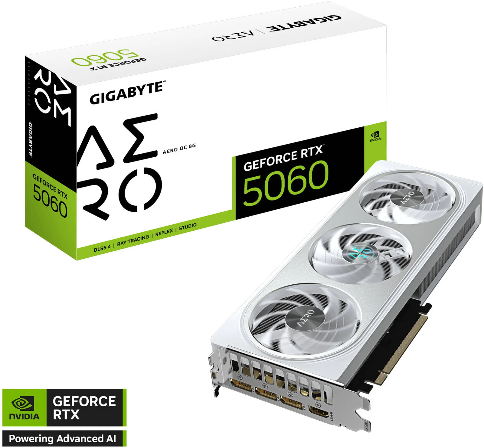 کارت گرافیک GIGABYTE GeForce RTX 5060 AERO OC، حافظه 8 گیگابایتی GDDR7 128 بیتی، فرکانس هسته 2595 مگاهرتز، 3840 هسته CUDA، سرعت حافظه 28 گیگابیت بر ثانیه، PCI Express 5.0، سفید | GV-N5060AERO OC-8GD