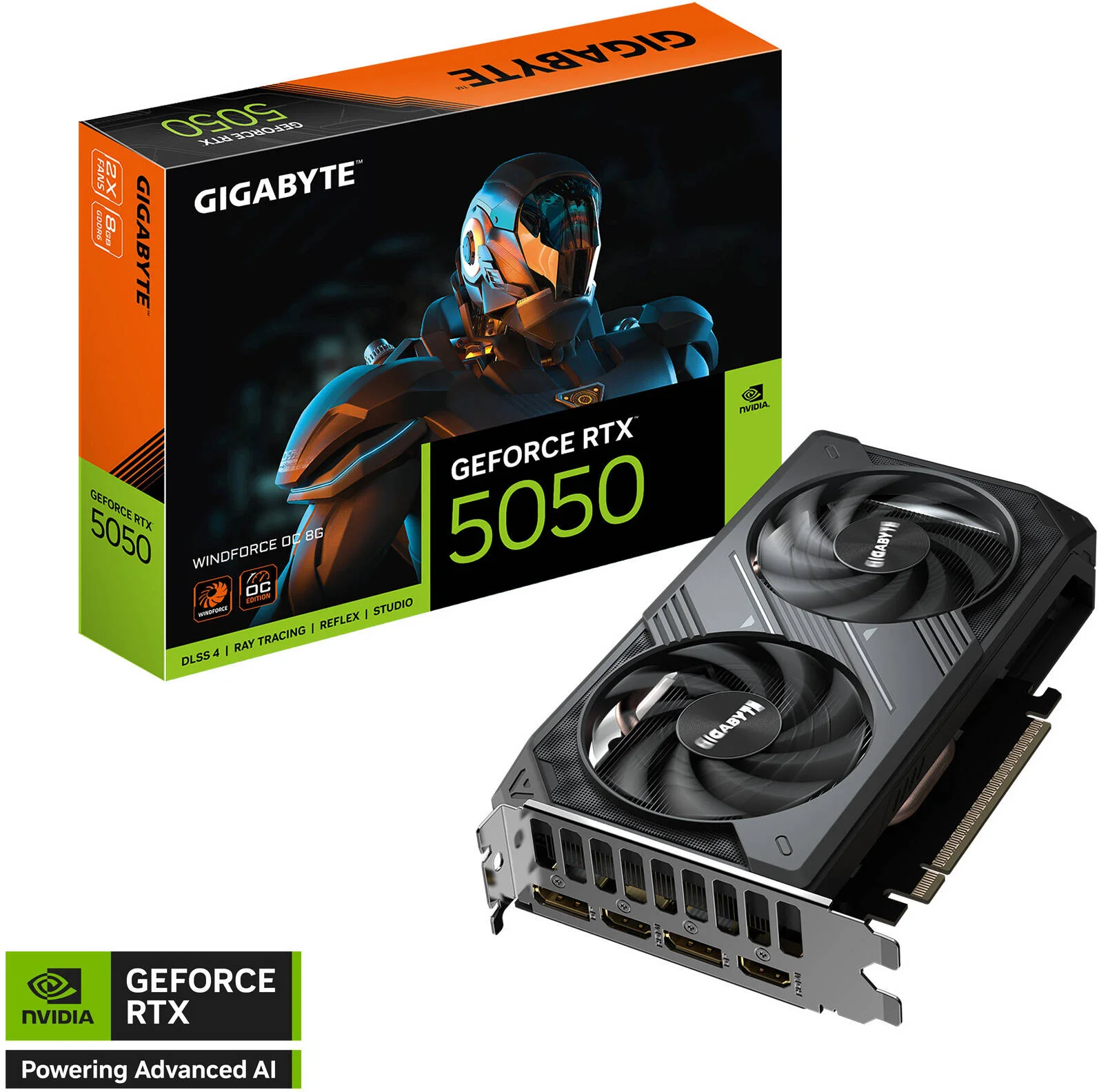 کارت گرافیک GIGABYTE GeForce RTX 5050 WINDFORCE OC 8GB، حافظه GDDR6 128 بیتی، فرکانس هسته 2587 مگاهرتز، فرکانس حافظه 20 گیگابیت بر ثانیه، 2560 هسته CUDA، PCI-Express 5.0 | GV-N5050WF2OC-8GD
