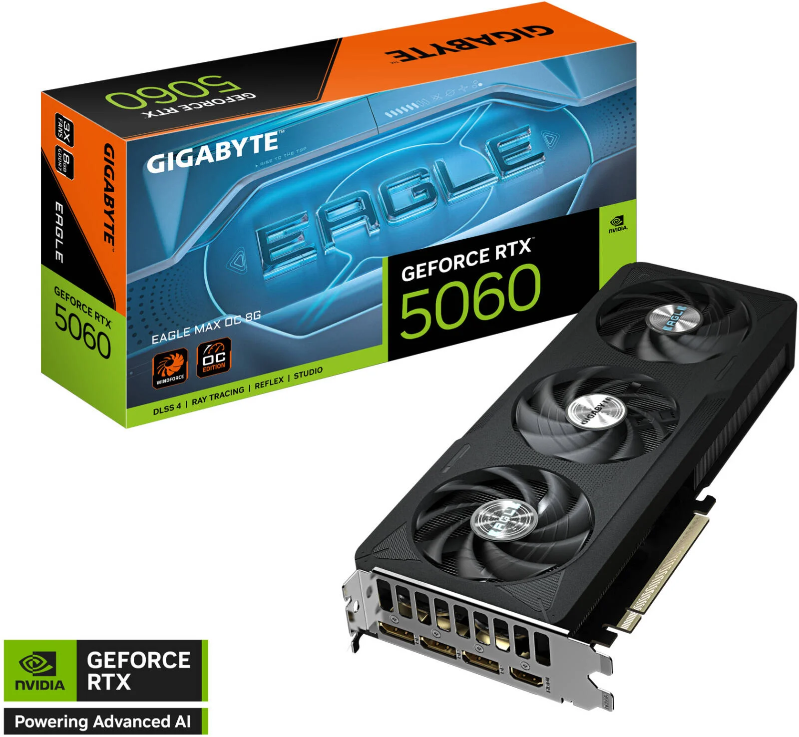 کارت گرافیک 8 گیگابایتی GIGABYTE GeForce RTX 5060 EAGLE MAX OC، حافظه GDDR7 128 بیتی، هسته 2550 مگاهرتز، حافظه 28 گیگابیت بر ثانیه، 3840 هسته CUDA، PCI-Express 5.0 | GV-N5060EAGLEMAX OC-8GD