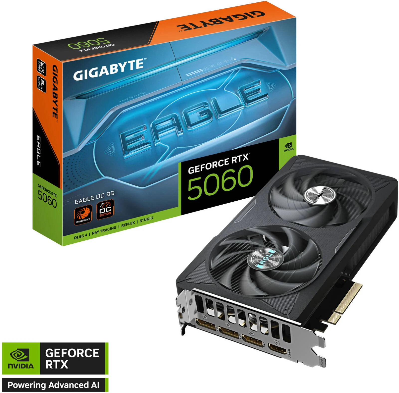 کارت گرافیک GIGABYTE GeForce RTX 5060 EAGLE OC، حافظه 8 گیگابایت GDDR7 128 بیتی، فرکانس هسته 2550 مگاهرتز، فرکانس حافظه 28 گیگابیت بر ثانیه، PCI-Express 5.0 | GV-N5060EAGLE OC-8GD