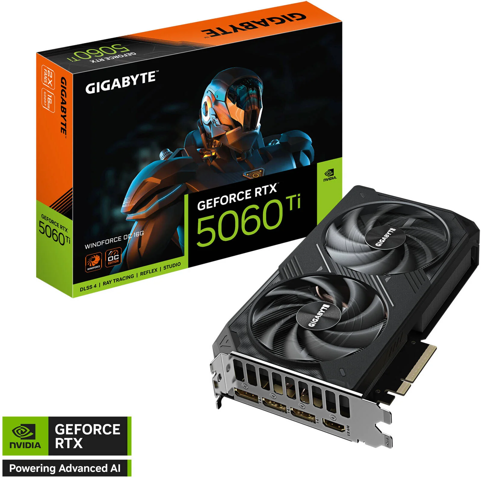 کارت گرافیک GIGABYTE GeForce RTX 5060 Ti WINDFORCE OC، حافظه 16 گیگابایت GDDR7 128-Bit، فرکانس هسته 2587 مگاهرتز، فرکانس حافظه 28 گیگابیت بر ثانیه، PCI-Express 5.0، مشکی | GV-N506TWF2OC-16GD