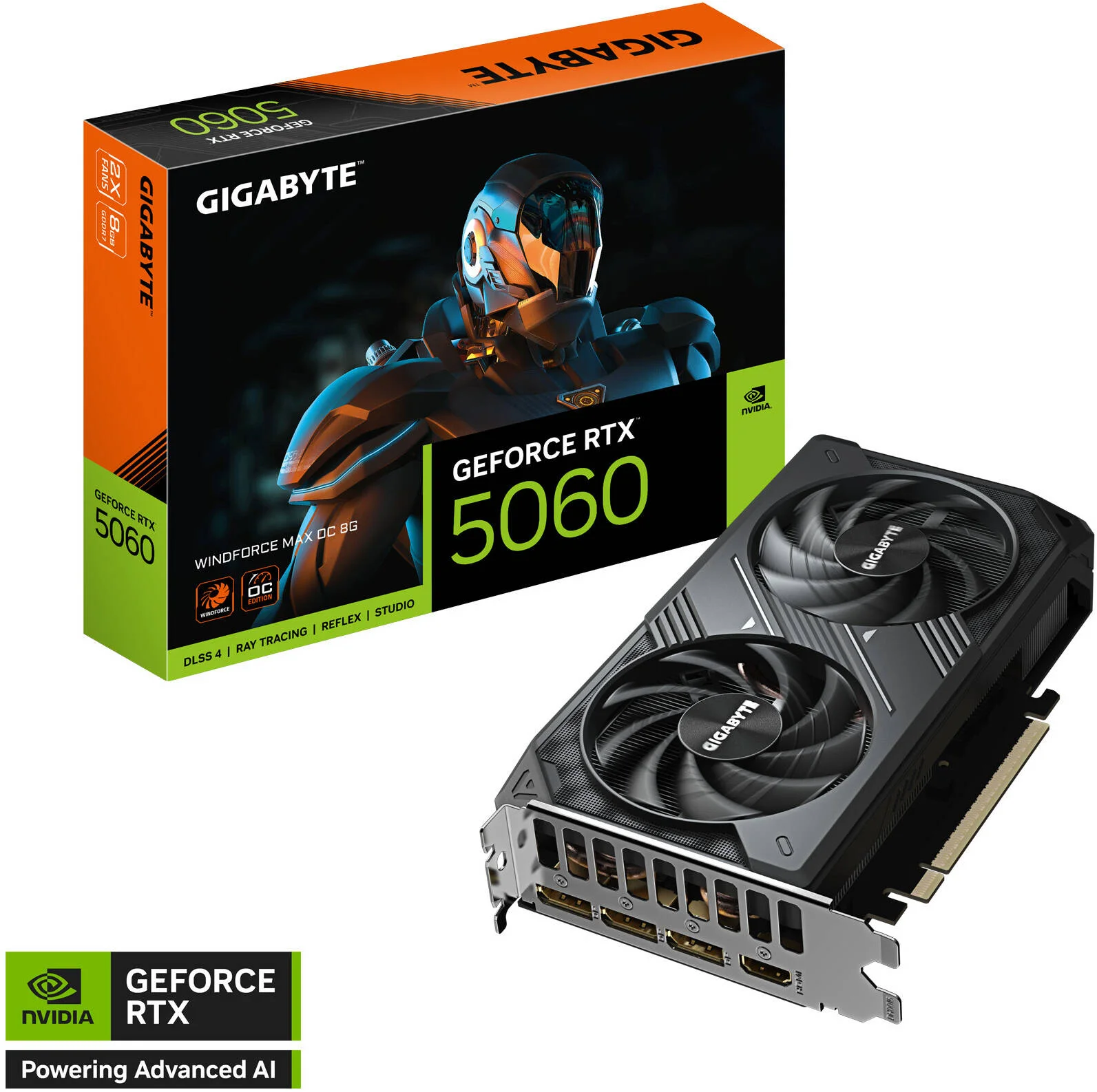 کارت گرافیک 8 گیگابایتی GIGABYTE GeForce RTX 5060 WINDFORCE MAX OC، حافظه GDDR7 128 بیتی، فرکانس هسته 2512 مگاهرتز، فرکانس حافظه 28 گیگابیت بر ثانیه، 3840 هسته CUDA، PCI-Express 5.0 | GV-N5060WF2MAX OC-8GD