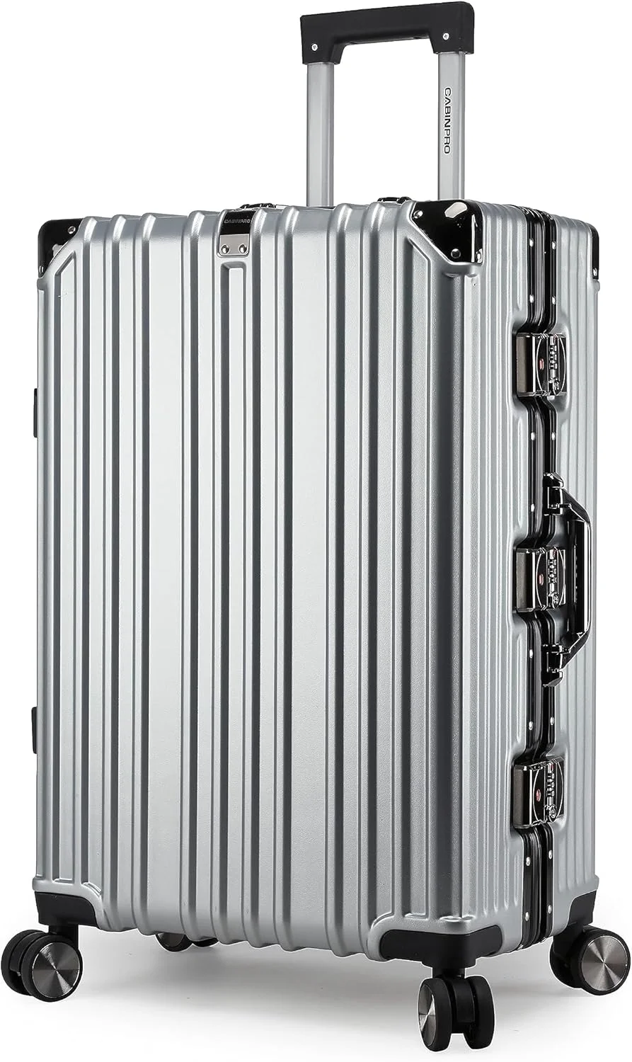 چمدان ترولی فریم آلومینیومی سبک وزن و مقاوم در برابر ضربه Cabin Pro با بدنه پلی کربنات سخت و 4 چرخ دوبل 360 درجه بی صدا، مدل CP001 (چمدان سایز بزرگ 24 اینچ، نقره ای)
