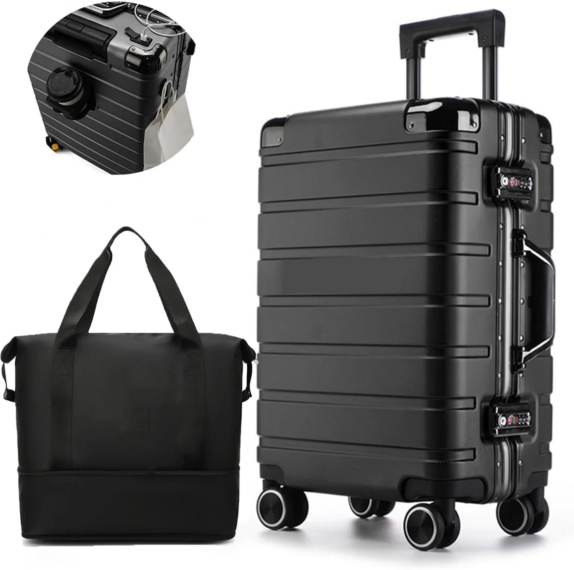 چمدان ترولی، چمدان کابین دستی، کیف مسافرتی هارد شل سبک وزن، دارای جا لیوانی، پورت USB و نگهدارنده تلفن، این چمدان شامل 1 عدد کیف مسافرتی است (مشکی، ست چمدان 20 اینچی)