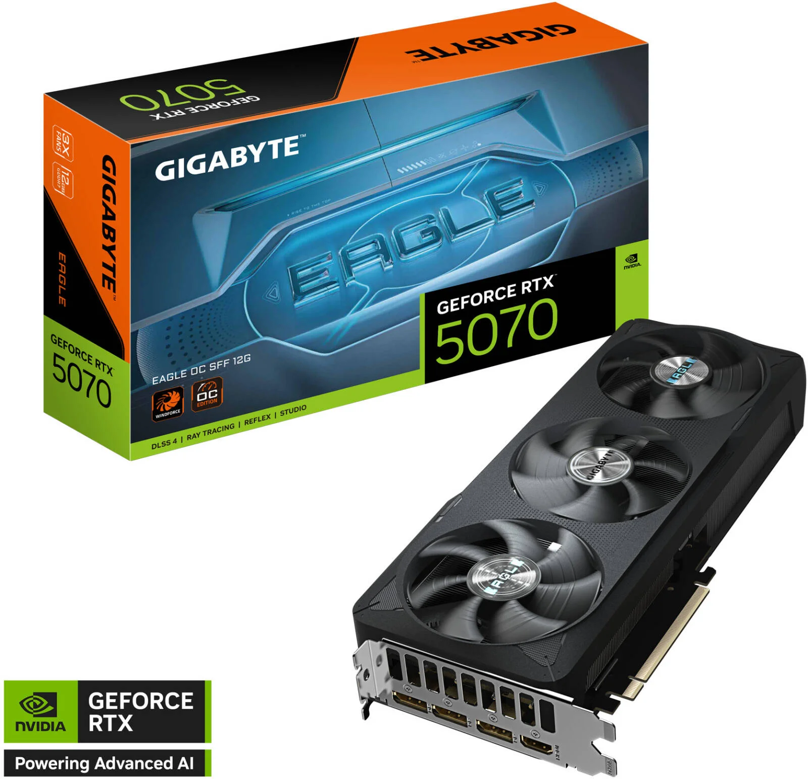 کارت گرافیک GIGABYTE GeForce RTX 5070 EAGLE OC SFF، حافظه 12 گیگابایت GDDR7 192-Bit، هسته ساعت 2587 مگاهرتز، ساعت حافظه 28 گیگابیت بر ثانیه، 6144 هسته CUDA، PCI Express 5.0 | GV-N5070EAGLE OC-12GD