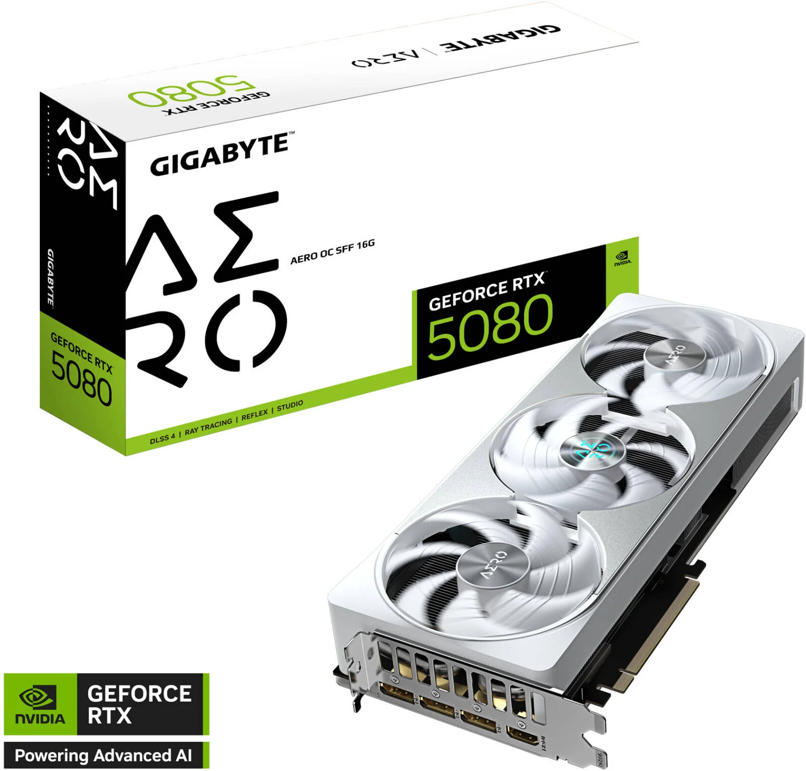 کارت گرافیک GIGABYTE GeForce RTX 5080 AERO OC SFF، حافظه 16 گیگابایت GDDR7 256 بیتی، فرکانس هسته 2730 مگاهرتز، فرکانس حافظه 30 گیگابیت بر ثانیه، PCI Express 5.0، سفید | GV-N5080AERO OC-16GD