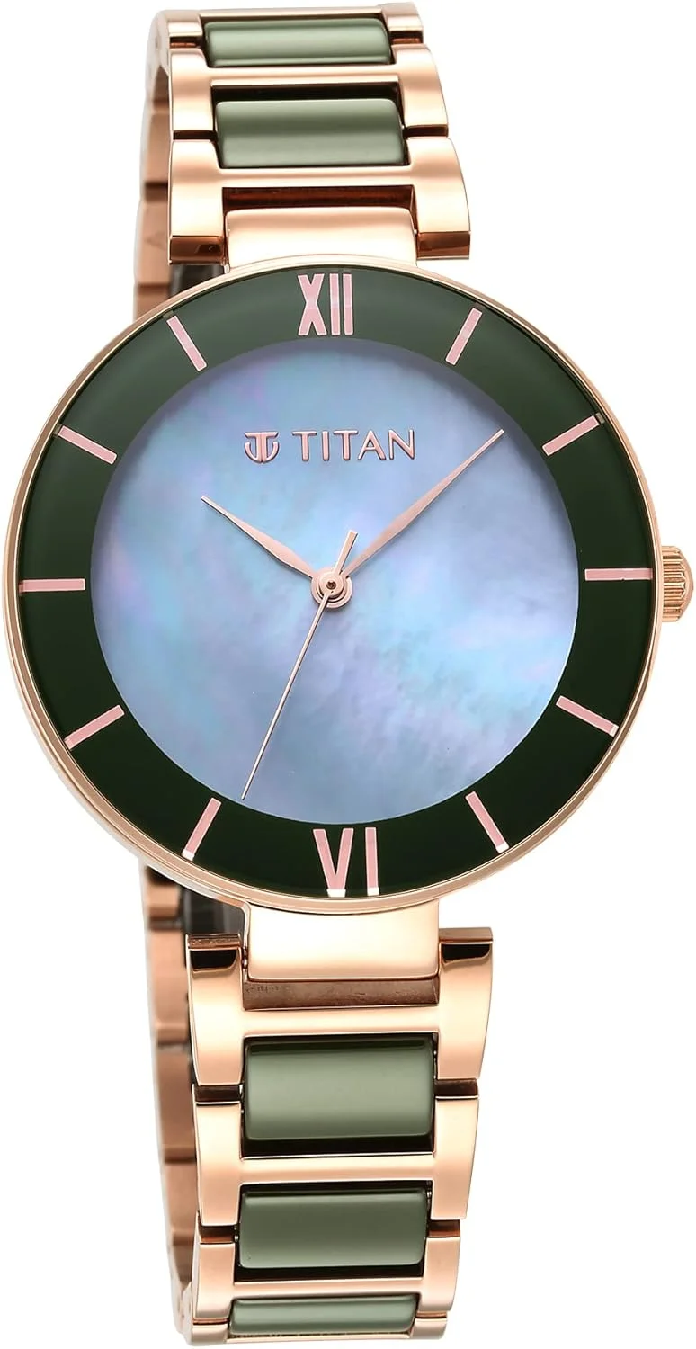 ساعت مچی زنانه تایتان با صفحه سبز و بند استیل و سرامیک بنفش - NS95216KD01