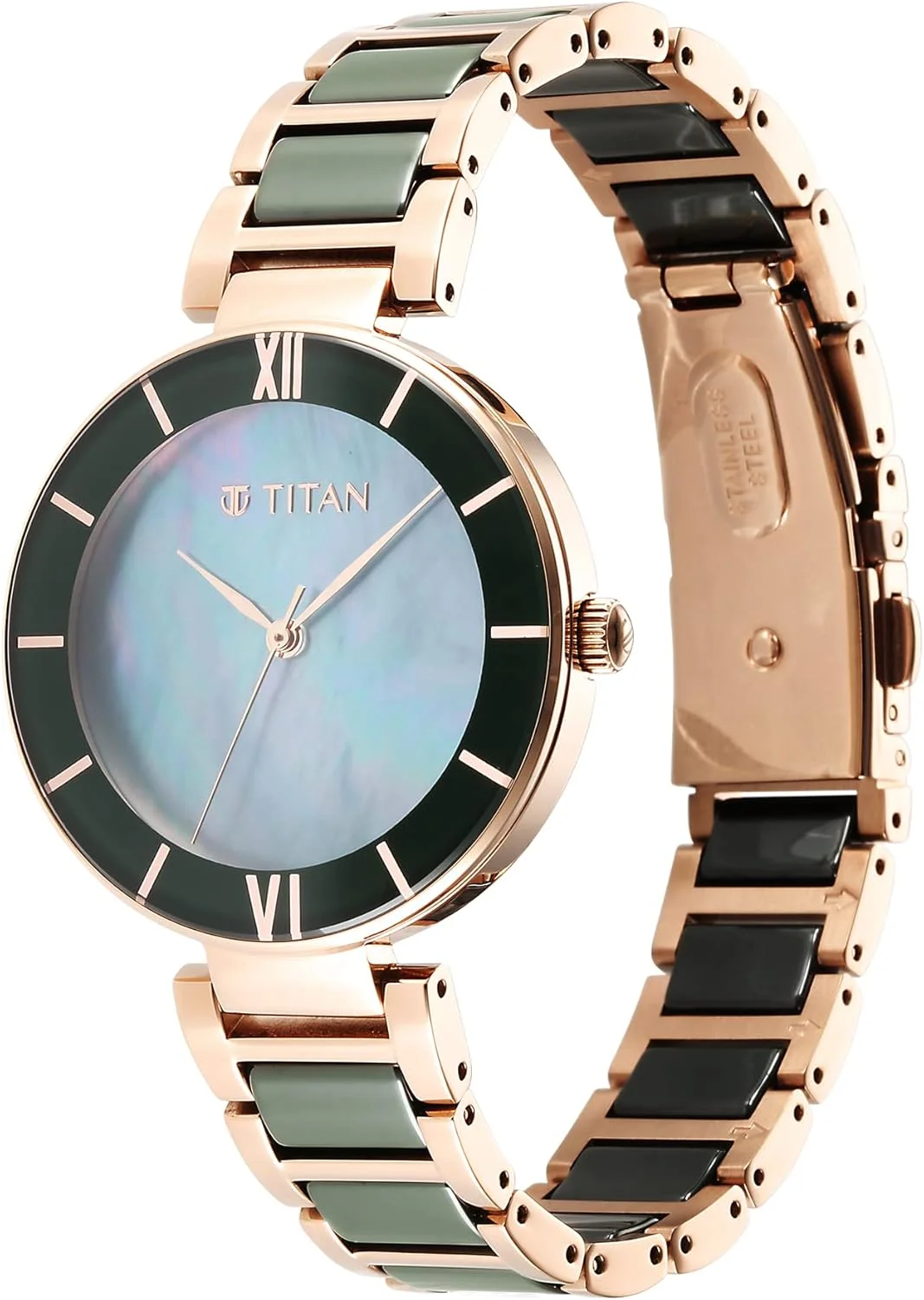 ساعت مچی زنانه تایتان با صفحه سبز و بند استیل و سرامیک بنفش - NS95216KD01