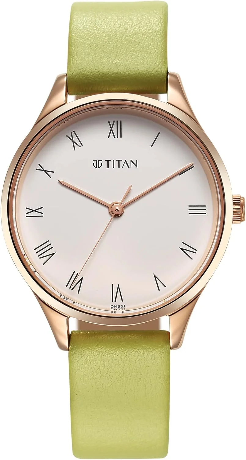 ساعت مچی عقربه ای زنانه تایتان با صفحه سفید، رنگ سبز روشن، مدرن
