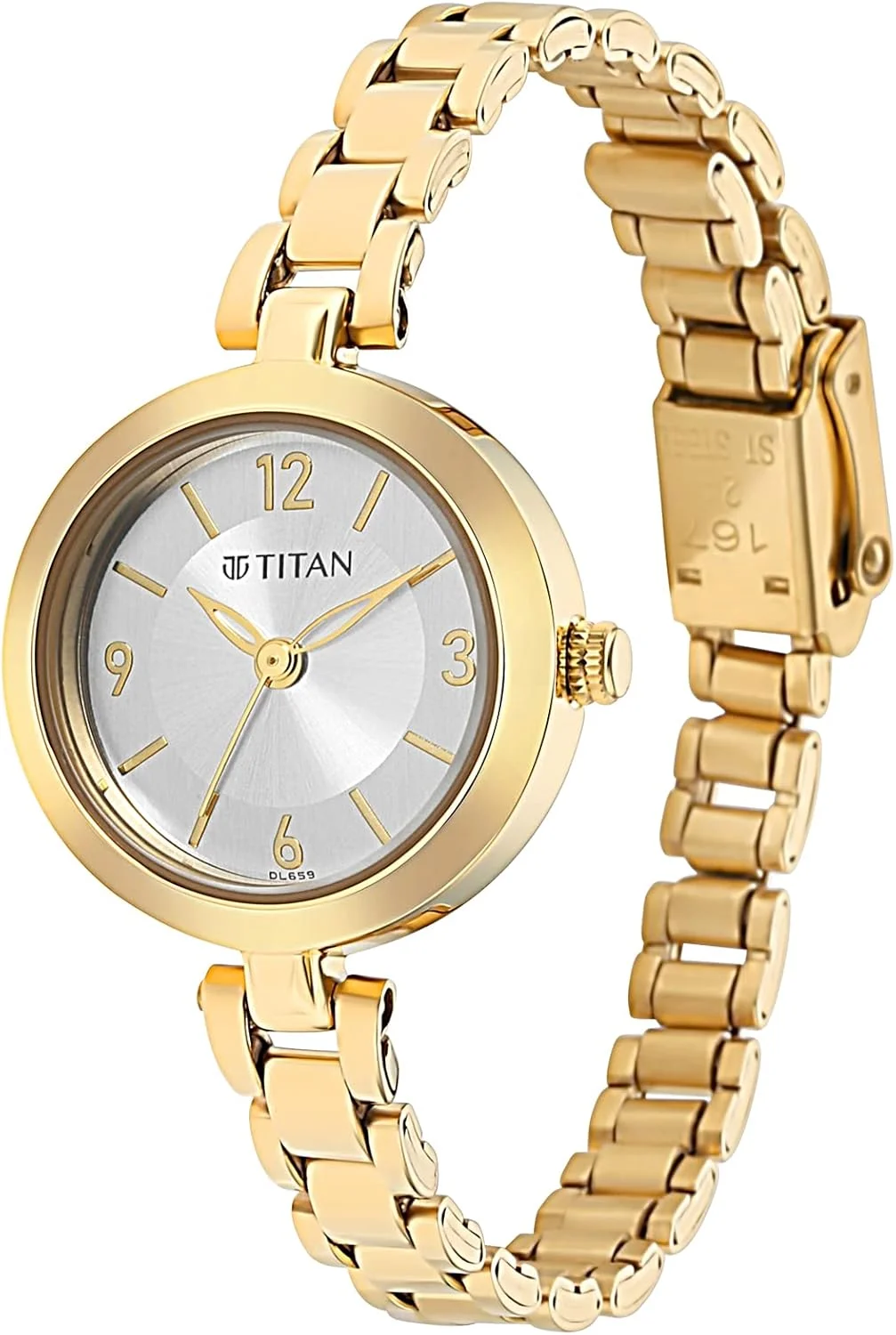 ساعت مچی آنالوگ زنانه تایتان کاریسما با صفحه گرد نقره ای و بند فلزی طلایی - 2598YM04