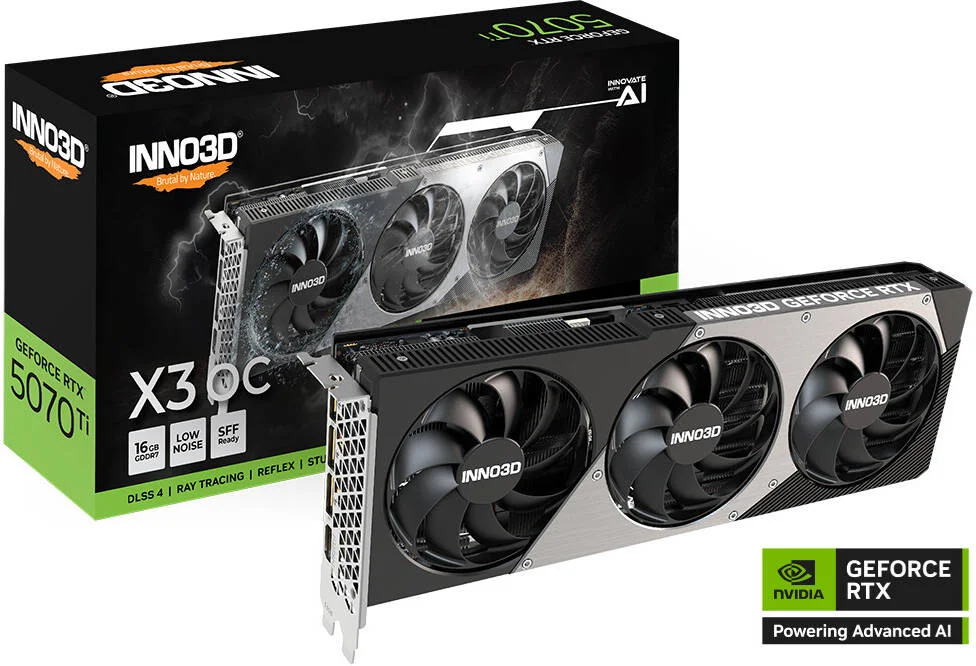 کارت گرافیک Inno3D GeForce RTX 5070 Ti X3 OC با 16 گیگابایت حافظه، GDDR7 256-Bit، فرکانس پایه 2295 مگاهرتز، فرکانس حافظه 28 گیگابیت بر ثانیه، 8960 هسته CUDA، PCI Express Gen 5 | N507T3-16D7X-176068N
