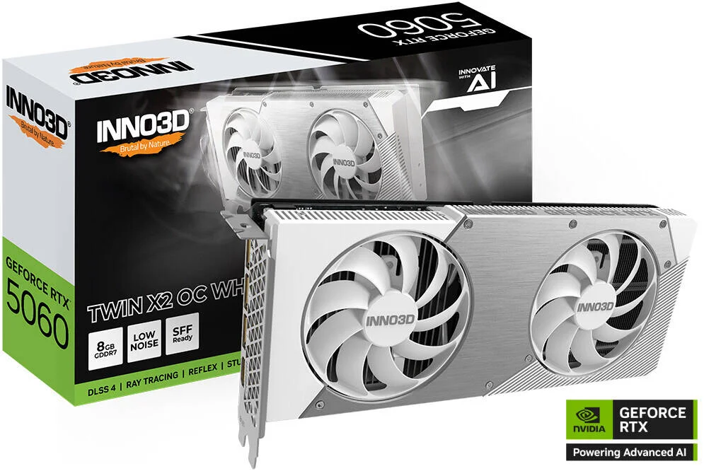 کارت گرافیک Inno3D GeForce RTX 5060 TWIN X2 OC 8GB، حافظه GDDR7 128 بیتی، فرکانس پایه 2280 مگاهرتز، فرکانس حافظه 28 گیگابیت بر ثانیه، 3840 هسته CUDA، PCI Express Gen 5، سفید | N50602-08D7X-195070W