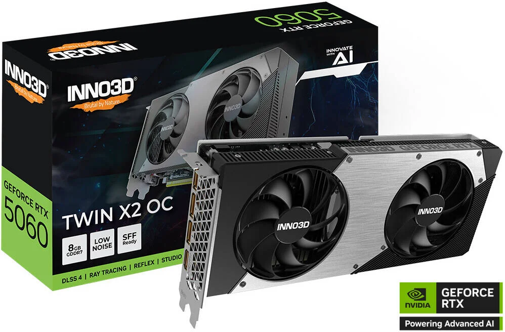 کارت گرافیک Inno3D GeForce RTX 5060 TWIN X2 OC 8GB، حافظه GDDR7 128 بیتی، فرکانس پایه 2280 مگاهرتز، فرکانس حافظه 28 گیگابیت بر ثانیه، 3840 هسته CUDA، PCI Express Gen 5 | N50602-08D7X-195070N